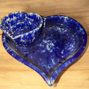 Vintage Vermont Bennington Pottery Handmade Chip & Dip Heart Shaped Set